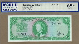 Trinidad & Tobago: 5 Dollars Banknote,  (unc Wbg65),  P - 27c,  1964,