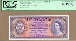 British Honduras: 2 Dollars Banknote,  (unc Gem Pcgs67),  P - 29b,  01.  11.  1961,  No