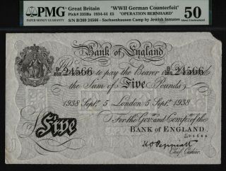 Tt Pk 335ba 1934 - 44 Great Britain 5 Pounds Wwii German Counterfeit Pmg 50 No Gem