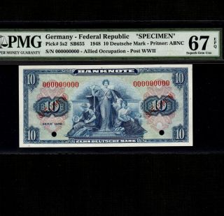 Germany 10 Deutsche Mark 1948 P - 5s3 Pmg Gem Unc 67 Epq Specimen