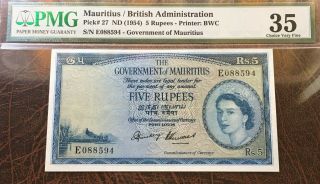 Pmg 35 / Mauritius British Administration 5 Rupees 1954 Pick 27 Scarce