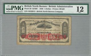 British North Borneo Company 1 Dollar 1936,  P - 28,  Pmg 12 Fine,  Popular Type