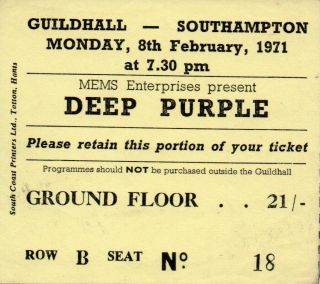Deep Purple In Rock Concert Ticket - Southampton Guildhall - 8th February 