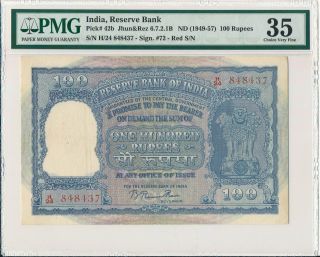 Reserve Bank India 100 Rupees Nd (1949 - 57) S/no 8484xx Pmg 35