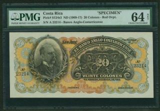 Costa Rica 1909 - 17 20 Colones " Specimen " Banknote,  Certified Choice Pmg - 64 - Net