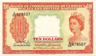 Malaya & British Borneo $10 21.  3.  1953 P 3 Series A/56 Circulated Banknote E1w