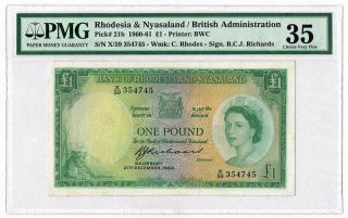 Rhodesia And Nyasaland 1 Pound 1960 - 61,  British Administration,  Pmg 35