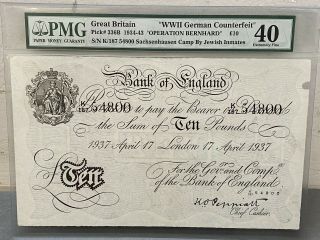 Operation Bernhard Wwii German Counterfeit £10 Note Pick 336b 1937 Pmg 40 Ef