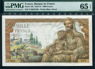 France 1942 - 1944 (1943),  1000 Francs,  N3658 - 050,  P102,  Pmg 65 Epq Gem Unc