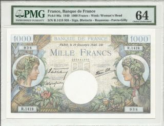 France P96a 1000 Franc 1940 Pmg 64 Bletterie Russeau Favre Gilly Fayette 39.  3