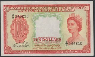 Malaya And British Borneo 10 Dollars 1953,  Ef -,  Tan M20