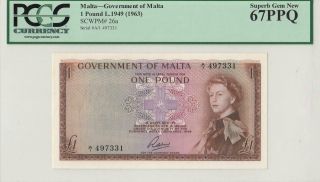 1949 Government Of Malta 1 Pound Qeii Consecutive 2 Of 2 ( (pcgs 67 Ppq))