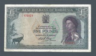 Rhodesia 5 Pounds 1966,  P - 29,  Scarcer Qeii Type,  Circulated Grade,  Popular