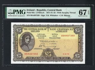 Ireland - Republic 5 Pounds 5 - 9 - 1975 P65c Uncirculated Graded 67