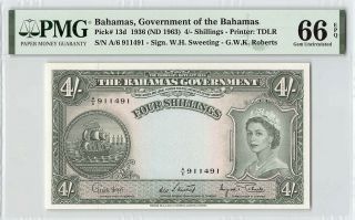 Bahamas 1936 (nd 1963) P - 13d Pmg Gem Unc 66 Epq 4/ - Shillings