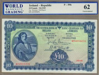 Ireland - Republic: 10 Pounds Banknote,  (unc Wbg62),  P - 59b,  05.  08.  1949,