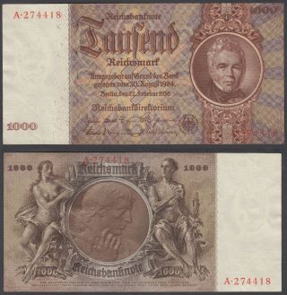 Germany 1000 Reichsmark (1924) 1936 (au - Unc) Crisp Banknote P - 184 Prefix A