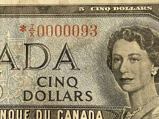 1954 $5 Five Dollar Bank Of Canada Replacement Note Low Serial 93 Fine,