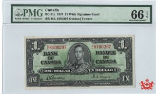 1937 Bank Of Canada 1$ Gordon/tower K/l8100297 - Pmg Unc66 -