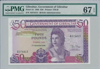 Government Of Gibraltar Gibraltar 50 Pounds 1986 Prefix A Pmg 67epq