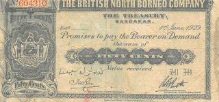 British N.  Borneo 50 Cents 1.  6.  1929 P 14b Circulated Banknote Ess