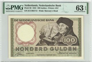 Netherlands 100 Gulden 1953 Erasmus Pick 88 Pmg Choice Uncirculated 63 Epq