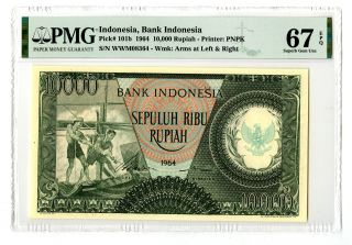 Indonesia.  Bank Indonesia,  1964 10,  000 Rupiah,  P - 101b,  Pmg Gem Unc 67 Epq