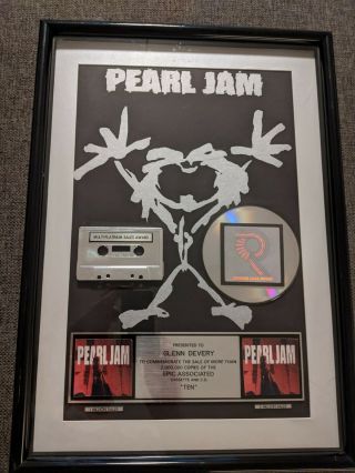 Pearl Jam " 10 " Double Platinum Award - Riaa Certified