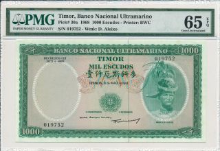 Banco Nacional Ultramarino Timor 1000 Escudos 1968 Pmg 65epq