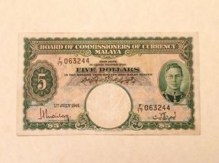 - 1941 Malaya / Straits Settlements George Vi $5 Five Dollars P 12