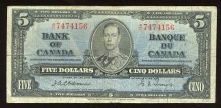 1937 Bank Of Canada $5 Banknote - Osborne Signature S/n: A/c7474156