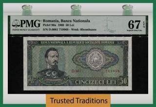 Tt Pk 96a 1966 Romania National Bank 50 Lei Pmg 67 Epq Gem Only One Finer