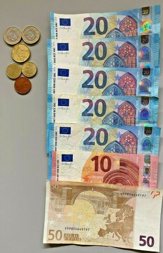 1 (50),  5 (20s) 1 (10) Euros Banknote Authentic Paper And 2.  75 In Change.