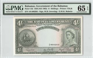 Bahamas 1936 (nd 1963) P - 13d Pmg Gem Unc 65 Epq 4/ - Shillings