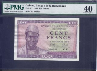 Guinea P - 7,  Xf,  100 Francs,  1958,  Pmg Graded 40