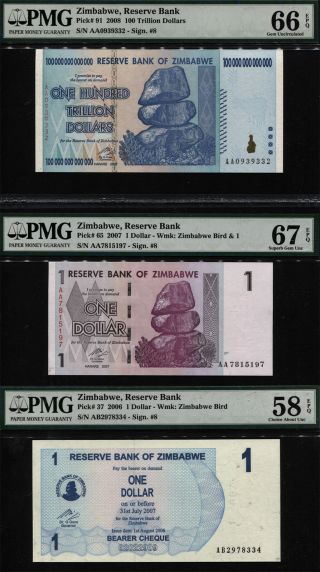 Tt Pk 91 2008 Zimbabwe 100 Trillion Set Of 3 Diverse Pmg 67 Epq Notes Look See