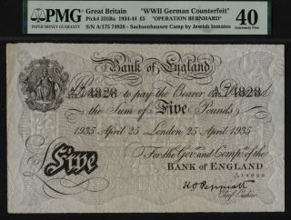 Tt Pk 335ba 1934 - 44 Great Britain 5 Pounds Wwii German Counterfeit Pmg 40 No Gem