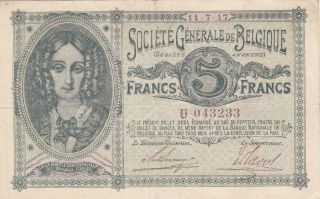5 Francs Very Fine Banknote From German Occupied Belgium 1917 Pick - 88