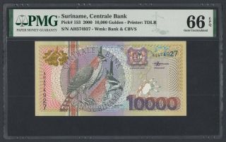 Suriname 10000 Gulden 2000 Unc (pick 153) Pmg - 66 Epq