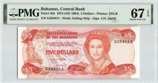 Bahamas 1974 (nd 1984) P - 45b Pmg Gem Unc 67 Epq 5 Dollars