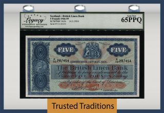 Tt Pk 161b 1946 - 59 Scotland British Linen Bank 5 Pounds Lcg 65q Oversize Beauty