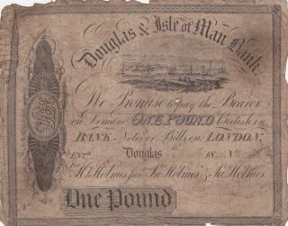 1 Pound Vg Banknote From Douglas & Isle Of Man Bank 1845 Pick - ? Very Rare