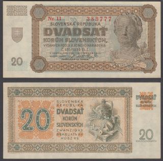 (b48) Slovakia 20 Korun 1942 Unc Crisp Banknote P - 7a Not Proforated