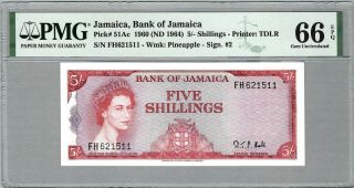 Jamaica 5 Shillings 1960 (nd 1964),  P - 51ac,  Act Gov Hale,  Pmg 66 Epq Gem Unc
