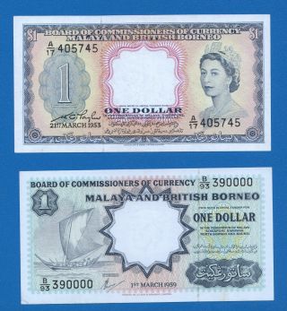Two Malaya & British Borneo 1 Dollar 1953 & 1959 P - 1a&p8a - Xf