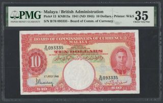 Malaya 10 Dollars 1941 (pick 13) Pmg - 35 (b/76)