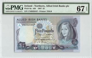 Northern Ireland,  Allied Irish Bank 1987 P - 6a Pmg Gem Unc 67 Epq 5 Pounds