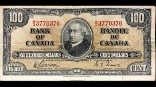 1937 Bank Of Canada 100$ Gordon/tower B/j3770376 - Vf/ef -