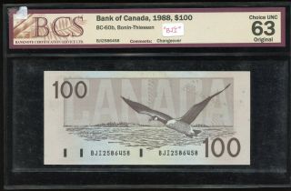 1988 Bank Of Canada $100 Note - Bcs Choice Unc 63 - Changeover S/n: Bji2586458