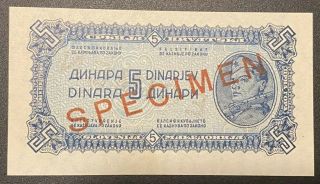 1944 Yugoslavia 5 Dinara Specimen Banknote Uncirculated